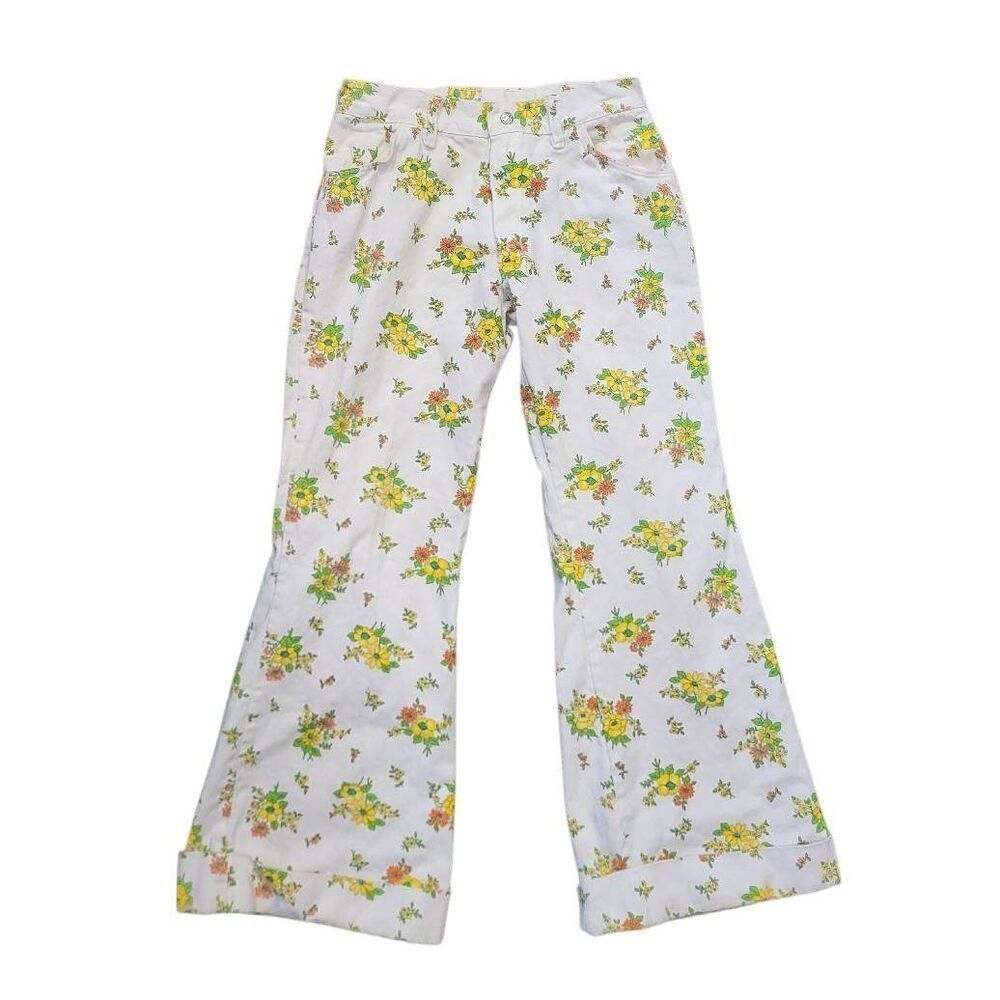 Vintage 1960s Big Yank Jeans 28 White Floral Hippie Psychedelic Bell Bottom